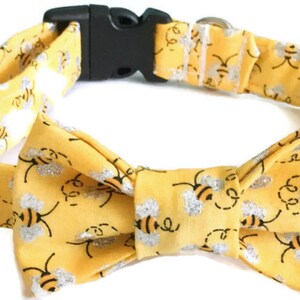 Yellow Bumble Bee Collar With Bow Tie  Set in Buckled or Martingale Style / Bumble Bee Leash Upgrade / Metal Buckle Upgrade