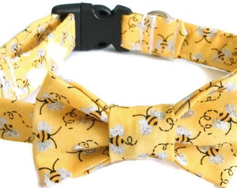 Yellow Bumble Bee Collar With Bow Tie  Set in Buckled or Martingale Style / Bumble Bee Leash Upgrade / Metal Buckle Upgrade