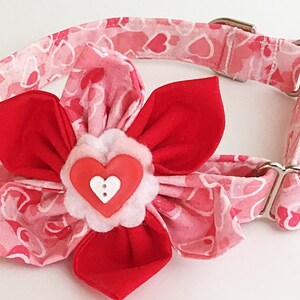 Red and Pink Valentine's Day Heart Collar With Flower in Buckled or Martingale Style for Dogs and Cats / Metal Buckle Upgrade/ Leash Upgrade image 2