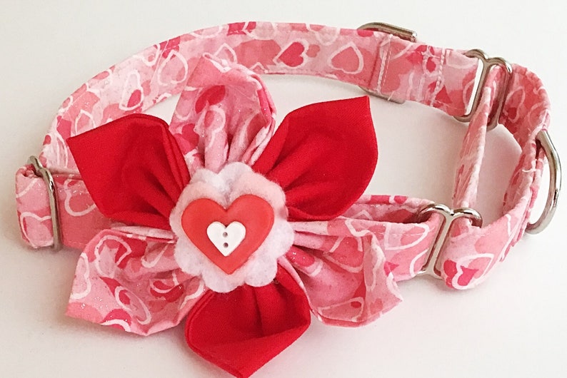 Red and Pink Valentine's Day Heart Collar With Flower in Buckled or Martingale Style for Dogs and Cats / Metal Buckle Upgrade/ Leash Upgrade image 2