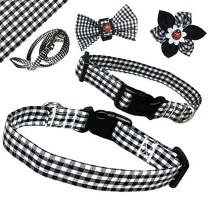 a black and white checkered dog collar, leash, and bow tie