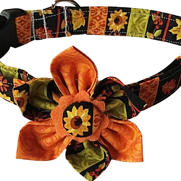 Fall Sunflower Girl Dog or Cat Collar with Flower Set - Seasonal Autumn Flower Collar- Floral Buckled or Martingale Collar- Custom Made