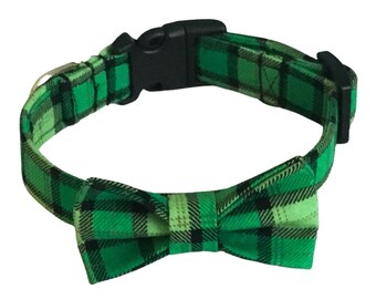 Green Plaid St. Patrick's Day Collar with Black Buckle or Slip on Martingale- Leash, Name on Collar Upgrades