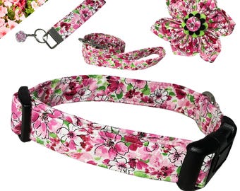 Handmade Floral Dog or Cat Collar in Pink and Red - Custom Name, Leash, and Key Fob Add-Ons