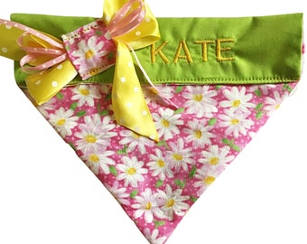 Pink Personalized Daisy Bandana for Female Dogs and Cats - Over the Collar - Side Bow