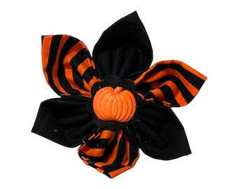 Orange & Black Halloween  Striped Dog and Cat Flower with Pumpkin