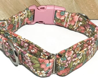 Pink Salmon Floral Buckled Martingale  Dog Collar / Leash Upgrade