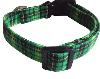 Green Plaid St. Patrick's Day Collar for Dogs and Cats with Black Buckle or Slip On Martingale- Name on Collar and Leash Availability