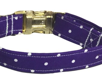 Collier à pois violets et blancs pour chiennes et chattes, avec boucle ou martingale / Boucle en métal en option / Laisse à pois en option