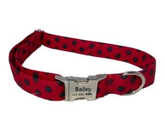 Personalized Polka Dot Dog Collar- Engraved Buckle with Name & Phone Number -Red with Black Dots