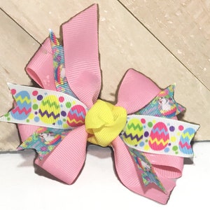 Pink and Yellow Easter Egg and Bunny Bow for Girl Dog and Cat Collar / Spring Attachable Collar Accessory / XXS to XL Ribbon Bow image 1