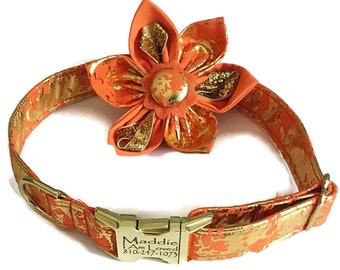 Orange and Gold Metallic Abstract  Engraved Collar with Matching Flower for Girl Dogs / XS-XL / Matching Leash Option