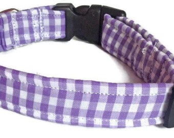 Puple & White Gingham Collar For Girl Dog or Cat With Black Buckle or Metal Buckle Upgrade, Gingham Martingale, Checkered Collars