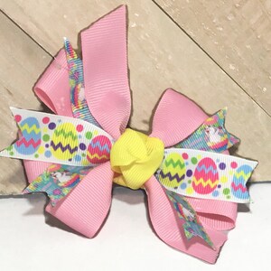 Pink and Yellow Easter Egg and Bunny Bow for Girl Dog and Cat Collar / Spring Attachable Collar Accessory / XXS to XL Ribbon Bow image 2