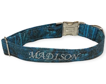 Teal Personalized Collar for Girl Dogs or Cats - Name Personalization- Black Buckle or Slip On Martingale- Metal Buckle Upgrade