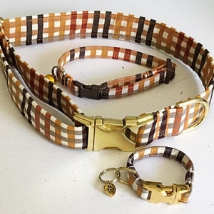 Brown & Gold Fall Harvest Dog or Cat Collar with Matching Bracelet and Charm Gold Metal Buckle image 3