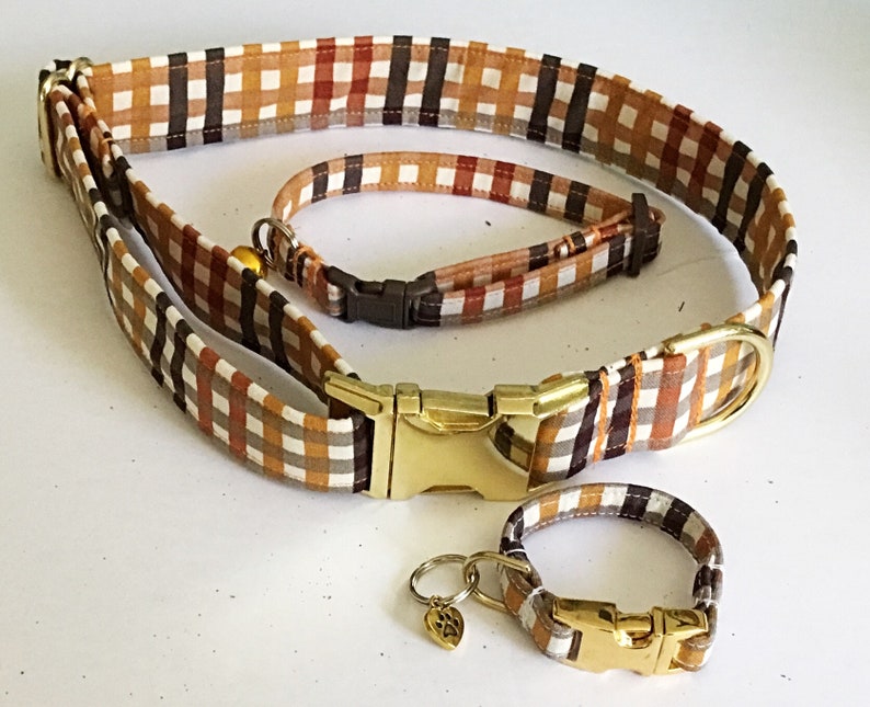 Brown & Gold Fall Harvest Dog or Cat Collar with Matching Bracelet and Charm Gold Metal Buckle image 3