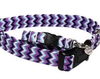 May include: Purple, white, and blue chevron patterned dog collar with a black plastic buckle and a silver metal tag that says "I love my dog".