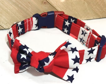 Red White & Blue Patriotic Stars and Stripes Collar and Bow For Male Or Female Dogs or Cats  Buckled or Martingale Style /Leash Upgrade