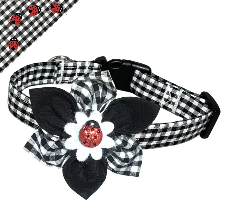 three black and white bows with ladybugs on them
