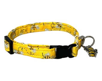 Yellow Bee Cat Collar with Charm  - Select a Breakaway Buckle Color of your Choice - Name Personalization & Collar Accessory Upgrades