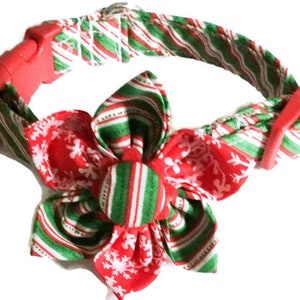 Christmas Candy Cane Dog or Cat Flower Collar with Red Standard Buckle Or Slip On Martingale, Red & Green Holiday Fabric Collar and Bow image 1