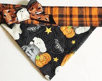 Black and Orange  Halloween Dog and Cat Over Collar Bandana with Ghosts and Pumpkins//Embroidered or Unembroidered//XXS-XL