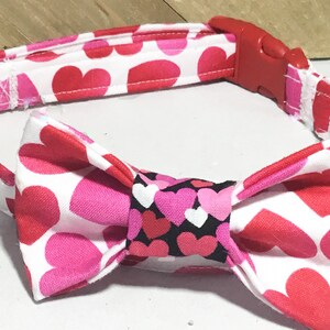 White Valentine&#39;s Day Bow Tie & Collar With  Pink And Red Hearts for Male Dogs and Cats /Leash Upgrade/ Metal Buckle Upgrade