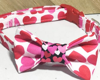 White Valentine's Day Bow Tie & Collar With  Pink And Red Hearts for Male Dogs and Cats /Leash Upgrade/ Metal Buckle Upgrade