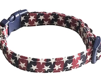 Red & Blue Striped Patriotic Pet Collar With White Stars For Memorial Day or 4th of July- Buckle or Martingale