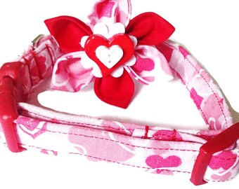 Red and Pink Valentine's Day Heart Collar With Flower in Buckled or Martingale Style for Dogs and Cats / Metal Buckle Upgrade/ Leash Upgrade