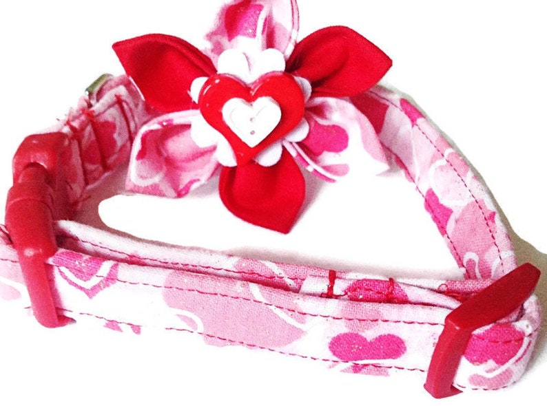 Red and Pink Valentine's Day Heart Collar With Flower in Buckled or Martingale Style for Dogs and Cats / Metal Buckle Upgrade/ Leash Upgrade image 1