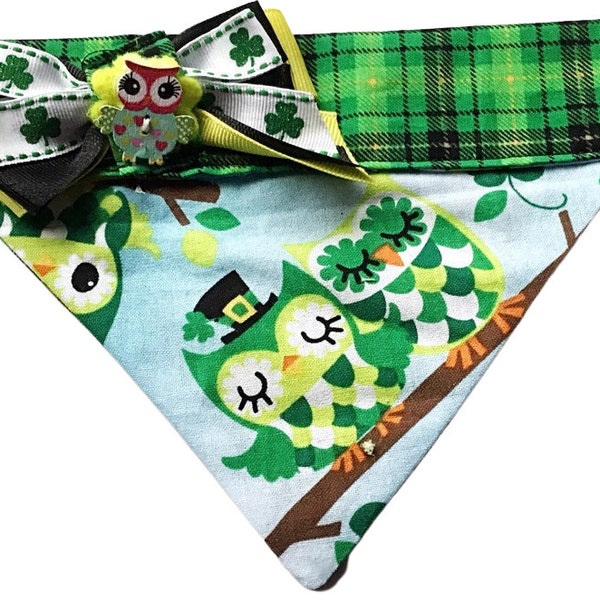 St. Patrick's Day Plaid Dog and Cat Over The Collar Bandana with Owls