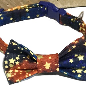 Blue & Orange Star Bow tie  Collar For Girl Dog Or Cat /  Buckled or Martingale Collars / Leash Upgrade /Metal Buckle Upgrade