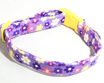 Purple Floral Girl Dog &  Cat Collar With Yellow Buckle / Spring Collars /Buckled or Martingale / Floral Leash