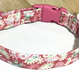 Peut inclure: Un collier pour animal de compagnie doté d'une sangle en tissu rose avec un motif cachemire répétitif dans des tons de rouge, blanc et vert clair. Le collier comprend une boucle en plastique rose et un anneau en métal pour la fixation.