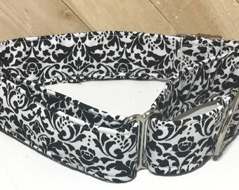 Black and White Damask Martingale Collar with Two D Rings  / Victorian Dog Collars / Adjustable / Leash Option /Flower Option