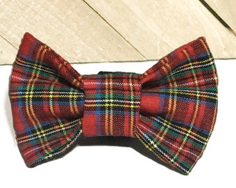 Red Plaid Christmas  Dog or Cat Bow Tie, Tartan Attachable Collar Accessory,  Pet Holiday Bow Ties