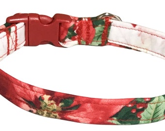 Red  Poinsettia Christmas Collar for Dogs and Cats with Red Buckle or Slip on Martingale Style, Metal Buckle Upgrade, Holiday Collars