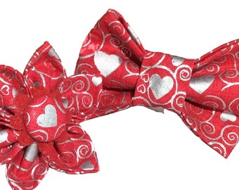 Red Valentine's Day Flower or Bow Tie with Silver Hearts & Swirls for Dog or Cat Collar - Attachable Collar Accessory