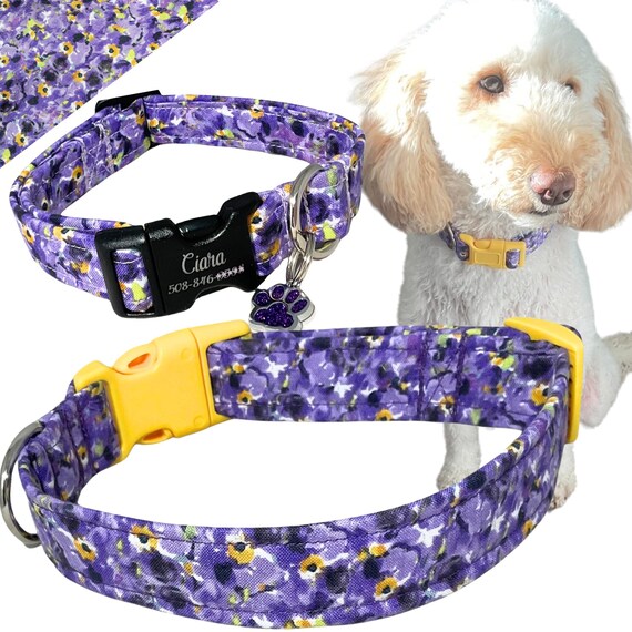 Stylish Purple Floral Pet Collar With Paw Print Charm Spring
