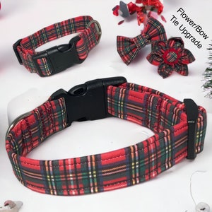 May include: Red and green plaid dog collar with a black buckle. The collar is shown with a matching red and green plaid bow tie.