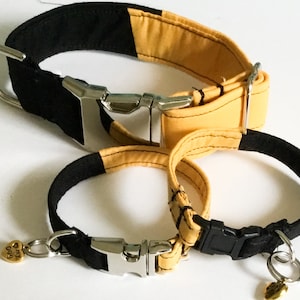 Solid Black and Gold Collar & Matching Bracelet for Dog or Cat- Comes with Charm- Silver Metal Buckle