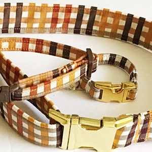 Brown & Gold Fall Harvest Dog or Cat Collar with Matching Bracelet and Charm Gold Metal Buckle image 1