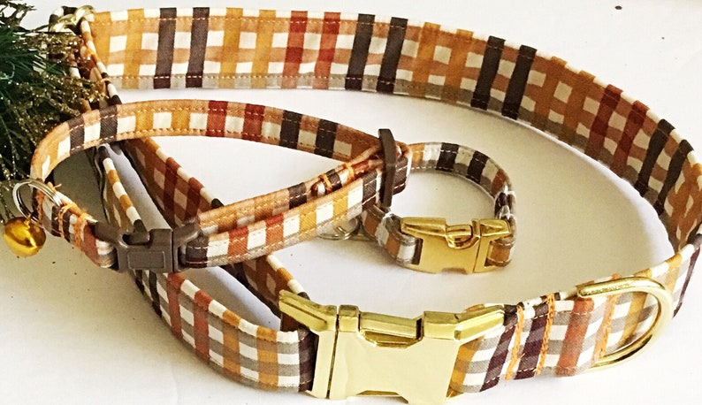 Brown & Gold Fall Harvest Dog or Cat Collar with Matching Bracelet and Charm Gold Metal Buckle image 1