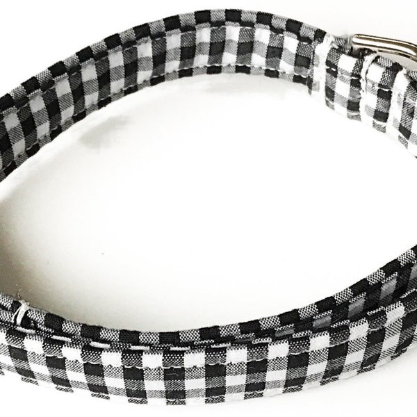 Black and White Gingham Dog or Cat Collar With Black Standard Buckle or Martingale Style, Checkered Collars, Metal Buckle Collar Upgrade