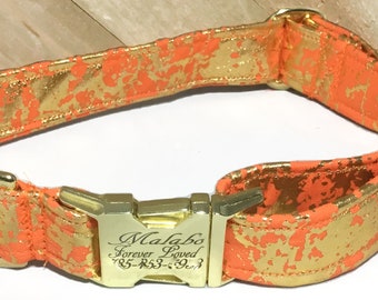 Orange and Gold Metallic Abstract Dog Collar with Engraved Buckle /Leash Upgrade
