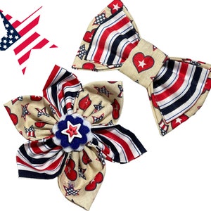 Patriotic Flower or Bow Tie for Dog and Cat Collar Red White Blue Stars & Stripes Bow Attachable Pet Accessory image 1