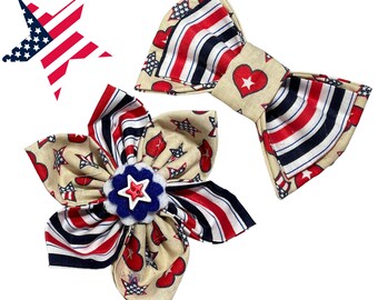 Patriotic Flower or Bow Tie for Dog and Cat Collar- Red White Blue Stars & Stripes Bow- Attachable Pet Accessory