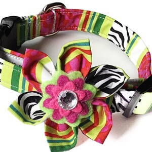 Pink, Green, & Black Watermelon Striped Collar and Flower for Girl Dog or Cat/ Watermelon Flower Collar/ Metal Buckle Upgrade /Leash Upgrade